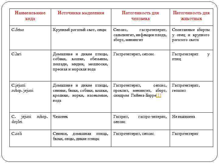 Наименование вида Источники выделения Патогенность для человека Патогенность для животных C. fetus Крупный рогатый
