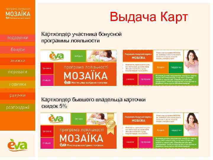 Выдача Картхолдер участника бонусной программы лояльности Картхолдер бывшего владельца карточки скидок 5% 