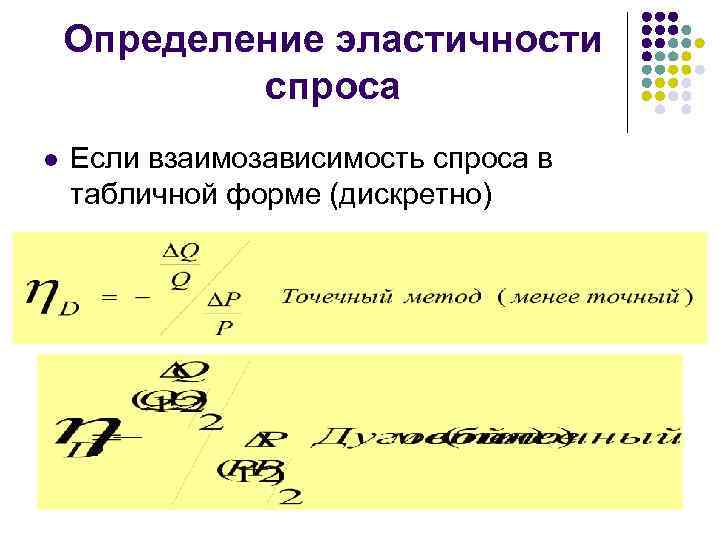 Определение эластичности спроса l Если взаимозависимость спроса в табличной форме (дискретно) 