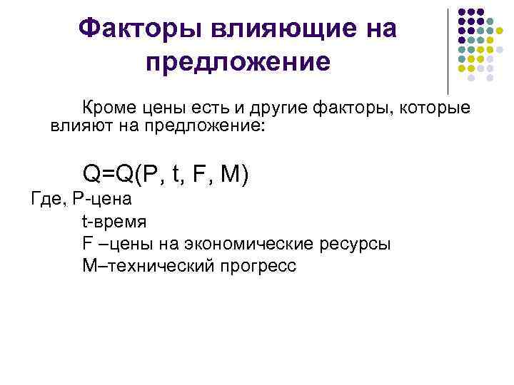 Факторы влияющие на предложение Кроме цены есть и другие факторы, которые влияют на предложение: