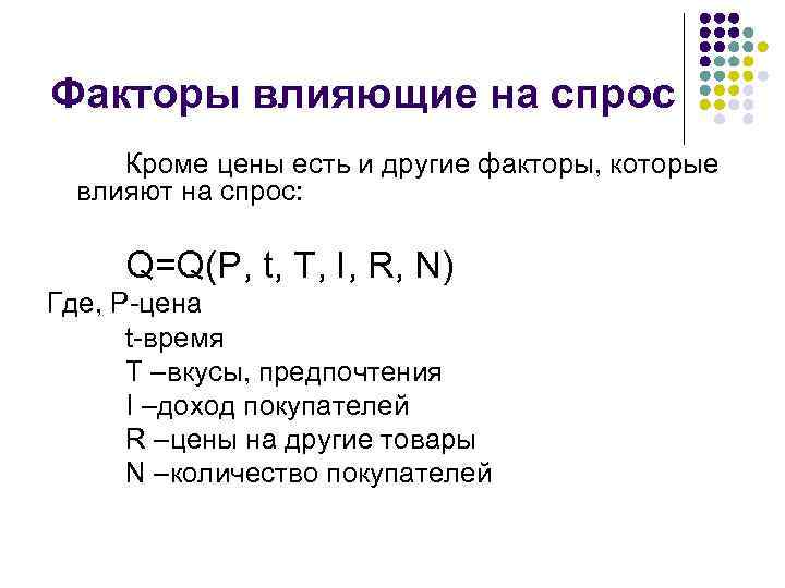 Факторы влияющие на спрос Кроме цены есть и другие факторы, которые влияют на спрос: