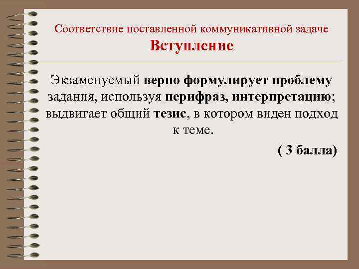 Соответствие поставленной коммуникативной задаче Вступление Экзаменуемый верно формулирует проблему задания, используя перифраз, интерпретацию; выдвигает