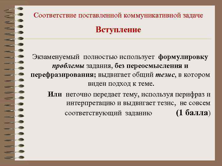 Соответствие поставленной коммуникативной задаче Вступление Экзаменуемый полностью использует формулировку проблемы задания, без переосмысления и