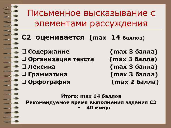 Письменное высказывание с элементами рассуждения С 2 оценивается (max 14 Содержание Организация текста Лексика