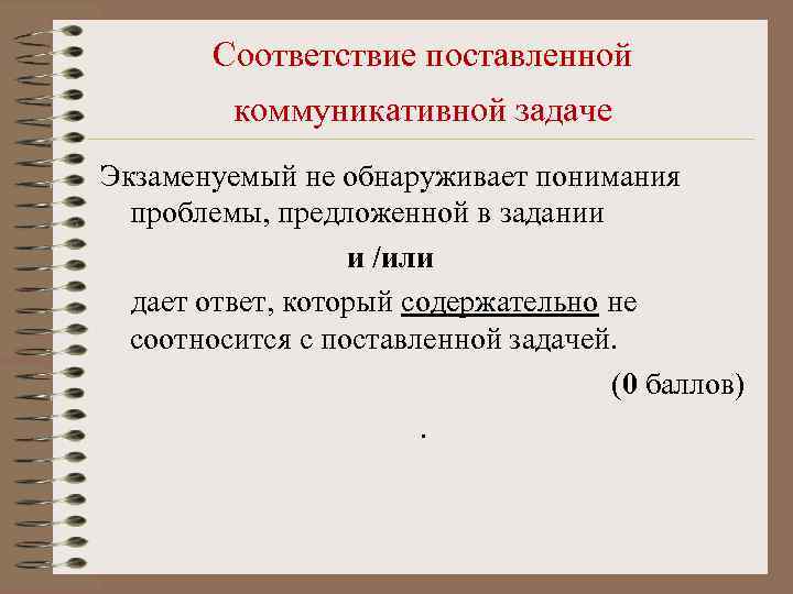 Соответствие поставленной коммуникативной задаче Экзаменуемый не обнаруживает понимания проблемы, предложенной в задании и /или
