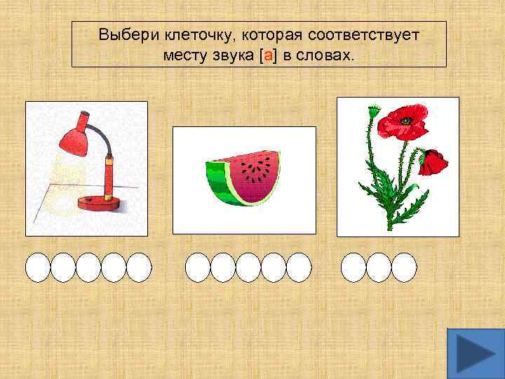 Выбери клеточку, которая соответствует месту звука [а] в словах. 