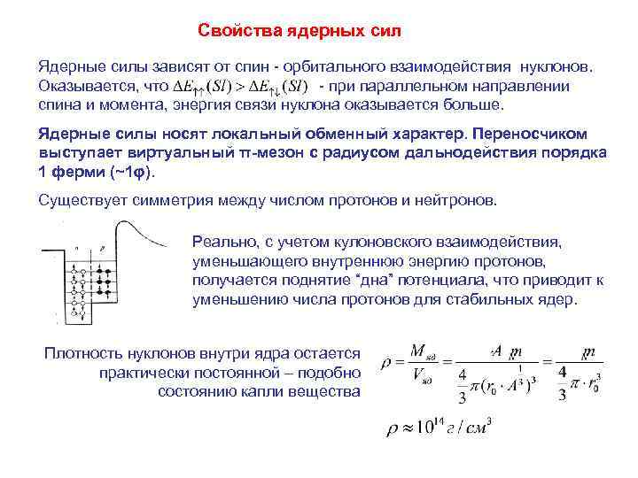 Свойства ядерных сил Ядерные силы зависят от спин - орбитального взаимодействия нуклонов. Оказывается, что