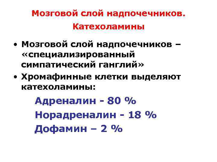 Мозговой слой надпочечников. Катехоламины • Мозговой слой надпочечников – «специализированный симпатический ганглий» • Хромафинные