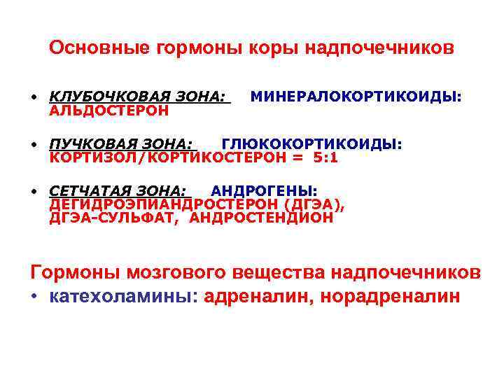 Основные гормоны коры надпочечников • КЛУБОЧКОВАЯ ЗОНА: АЛЬДОСТЕРОН МИНЕРАЛОКОРТИКОИДЫ: • ПУЧКОВАЯ ЗОНА: ГЛЮКОКОРТИКОИДЫ: КОРТИЗОЛ/КОРТИКОСТЕРОН