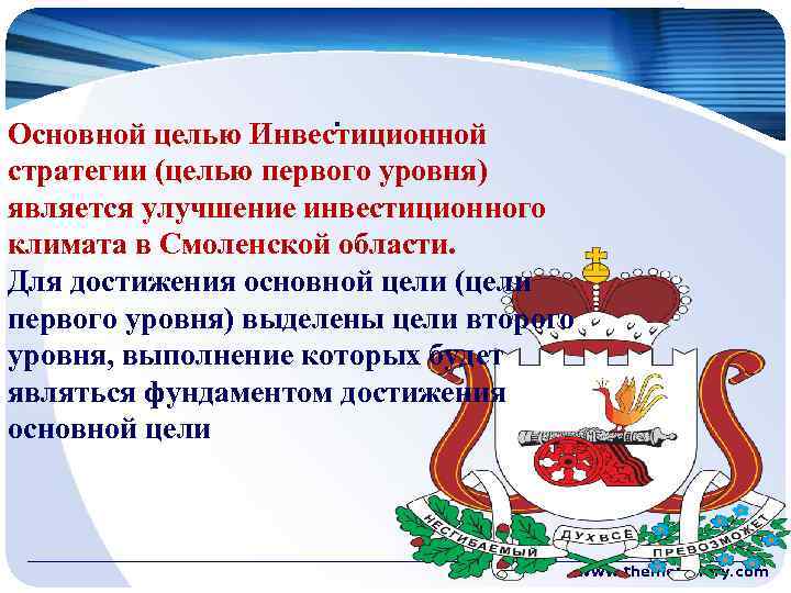 . Основной целью Инвестиционной стратегии (целью первого уровня) является улучшение инвестиционного климата в Смоленской