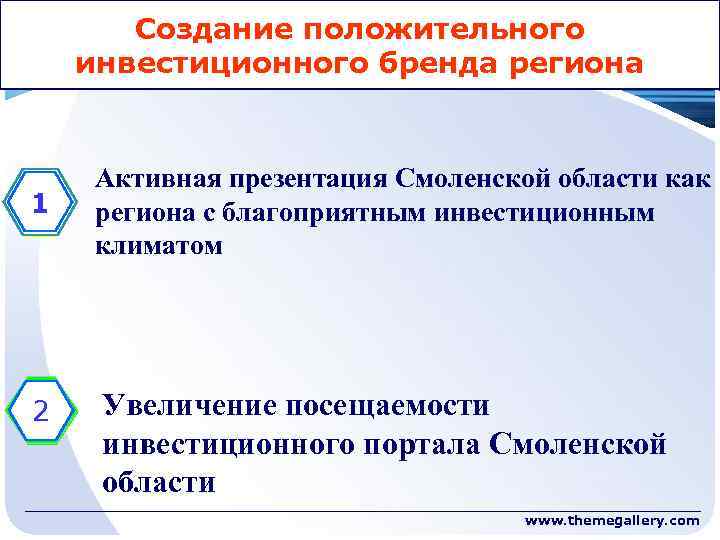 Создание положительного инвестиционного бренда региона Активная презентация Смоленской области как региона с благоприятным инвестиционным
