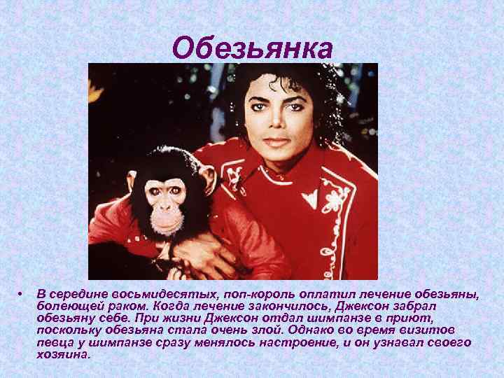 Обезьянка • В середине восьмидесятых, поп-король оплатил лечение обезьяны, болеющей раком. Когда лечение закончилось,