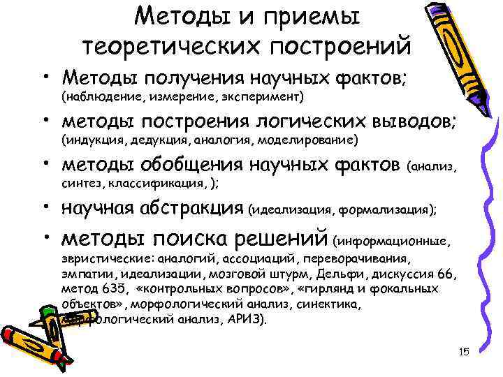 Методы и приемы теоретических построений • Методы получения научных фактов; (наблюдение, измерение, эксперимент) •