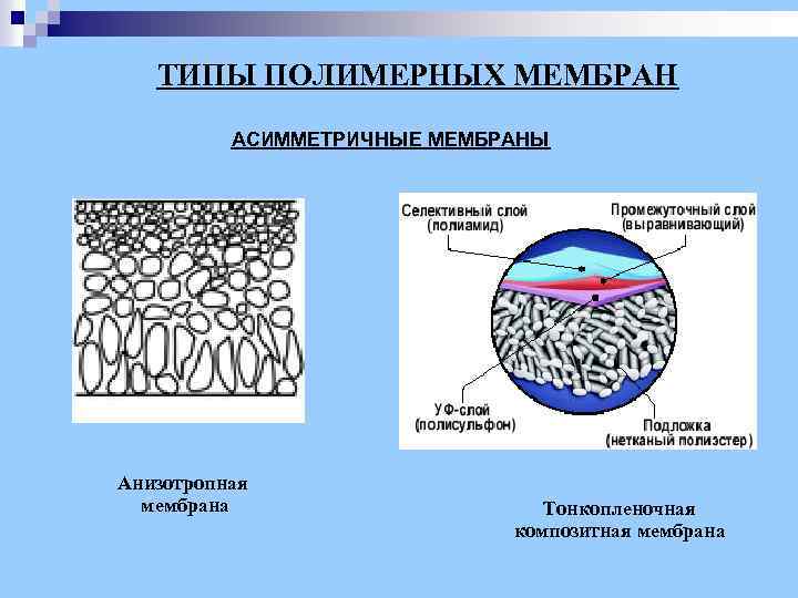 ТИПЫ ПОЛИМЕРНЫХ МЕМБРАН АСИММЕТРИЧНЫЕ МЕМБРАНЫ Анизотропная мембрана Тонкопленочная композитная мембрана 