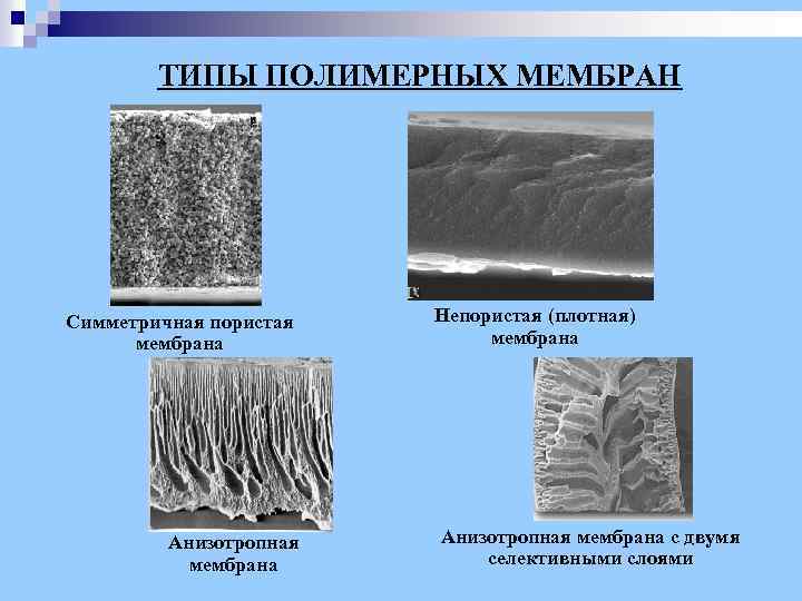 ТИПЫ ПОЛИМЕРНЫХ МЕМБРАН Симметричная пористая мембрана Анизотропная мембрана Непористая (плотная) мембрана Анизотропная мембрана с