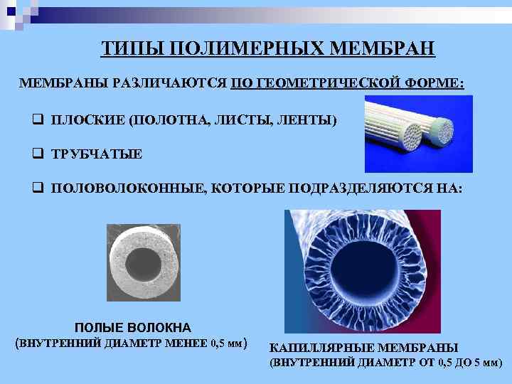 ТИПЫ ПОЛИМЕРНЫХ МЕМБРАНЫ РАЗЛИЧАЮТСЯ ПО ГЕОМЕТРИЧЕСКОЙ ФОРМЕ: q ПЛОСКИЕ (ПОЛОТНА, ЛИСТЫ, ЛЕНТЫ) q ТРУБЧАТЫЕ