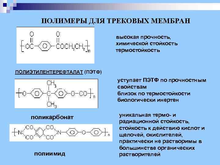 ПОЛИМЕРЫ ДЛЯ ТРЕКОВЫХ МЕМБРАН высокая прочность, химической стойкость термостойкость ПОЛИЭТИЛЕНТЕРЕФТАЛАТ (ПЭТФ) уступает ПЭТФ по