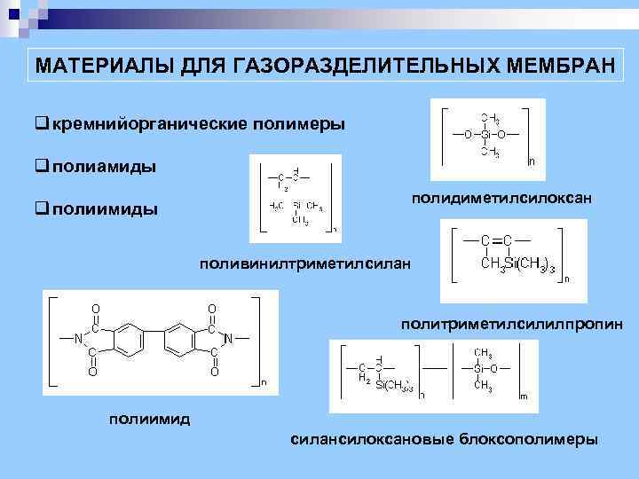 МАТЕРИАЛЫ ДЛЯ ГАЗОРАЗДЕЛИТЕЛЬНЫХ МЕМБРАН q кремнийорганические полимеры q полиамиды q полиимиды полидиметилсилоксан поливинилтриметилсилан политриметилсилилпропин