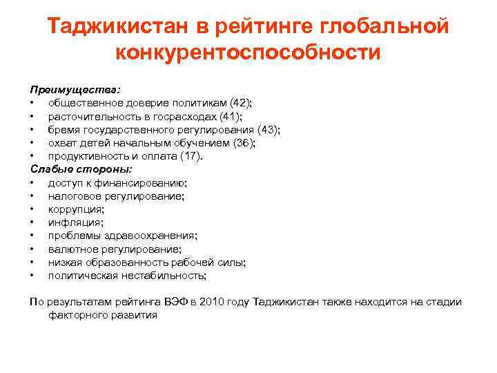 Таджикистан в рейтинге глобальной конкурентоспособности Преимущества: • общественное доверие политикам (42); • расточительность в