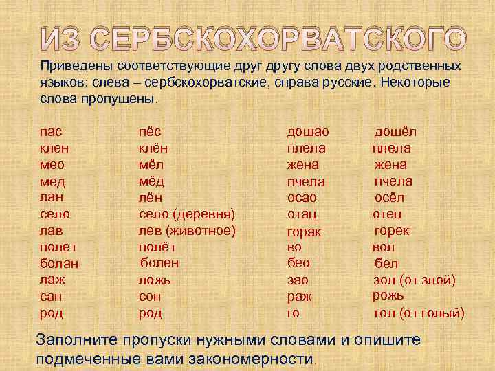 ИЗ СЕРБСКОХОРВАТСКОГО Приведены соответствующие другу слова двух родственных языков: слева – сербскохорватские, справа русские.