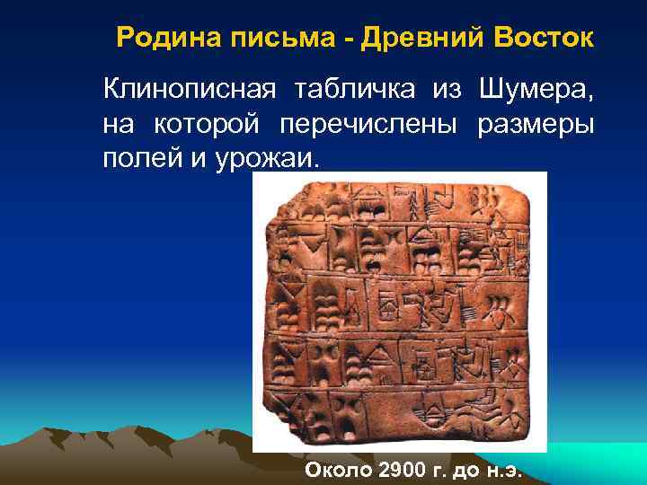 Родина письма - Древний Восток Клинописная табличка из Шумера, на которой перечислены размеры полей