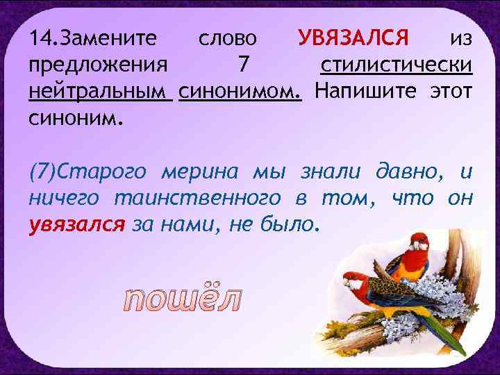 14. Замените слово УВЯЗАЛСЯ из предложения 7 стилистически нейтральным синонимом. Напишите этот синоним. (7)Старого