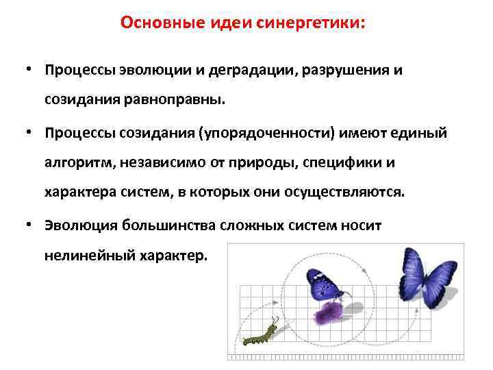 Основные идеи синергетики: • Процессы эволюции и деградации, разрушения и созидания равноправны. • Процессы