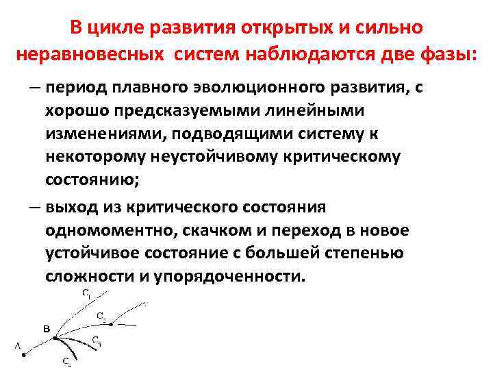 В цикле развития открытых и сильно неравновесных систем наблюдаются две фазы: – период плавного