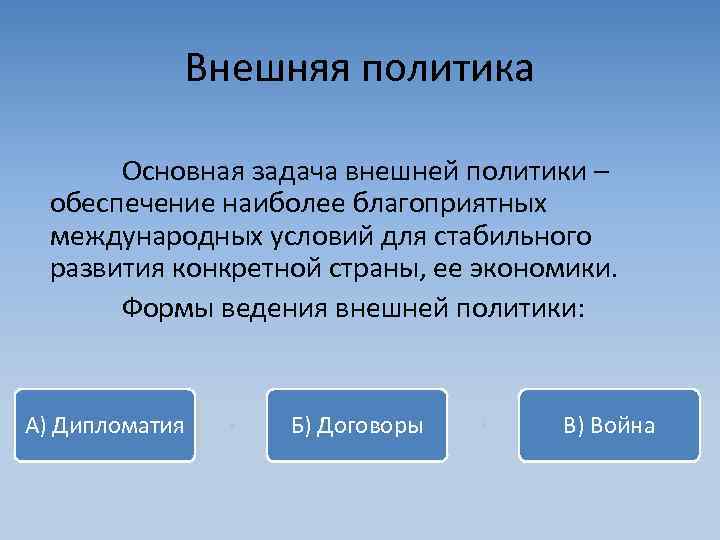 Внешняя политика Основная задача внешней политики – обеспечение наиболее благоприятных международных условий для стабильного