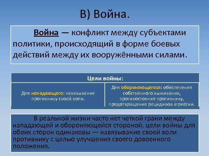В) Война — конфликт между субъектами политики, происходящий в форме боевых действий между их