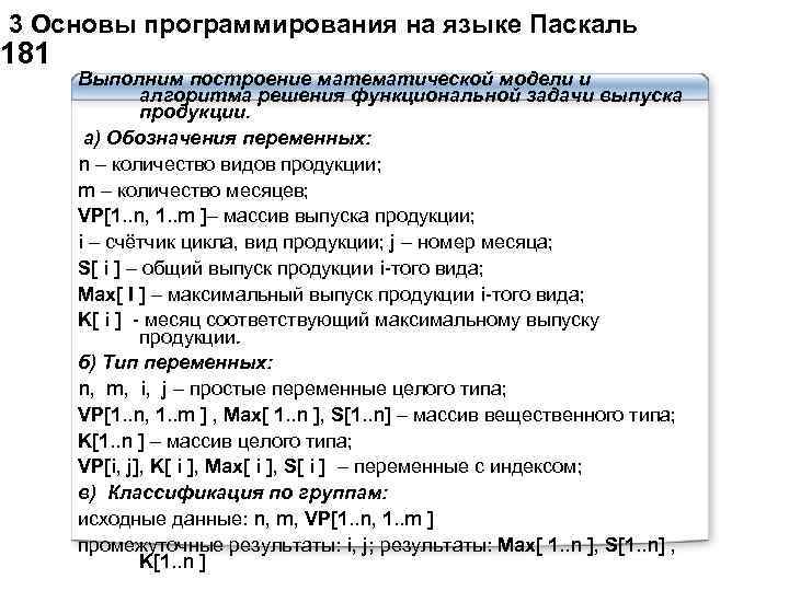  3 Основы программирования на языке Паскаль 181 Выполним построение математической модели и алгоритма