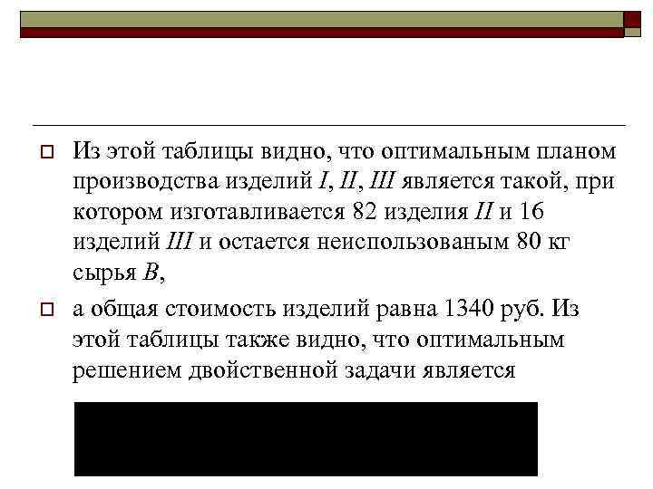 o o Из этой таблицы видно, что оптимальным планом производства изделий I, III является