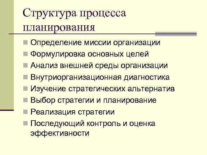 Структура процесса планирования n Определение миссии организации n Формулировка основных целей n Анализ внешней
