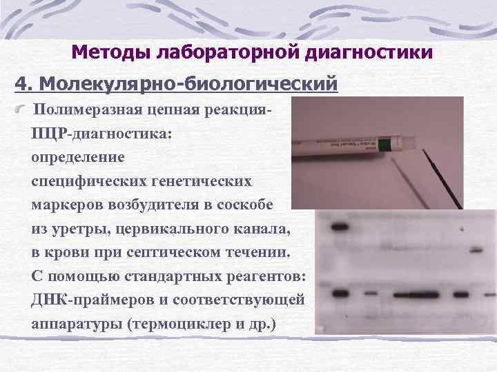 Методы лабораторной диагностики 4. Молекулярно-биологический Полимеразная цепная реакция. ПЦР-диагностика: определение специфических генетических маркеров возбудителя