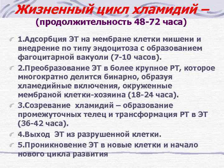 Жизненный цикл хламидий – (продолжительность 48 -72 часа) 1. Адсорбция ЭТ на мембране клетки