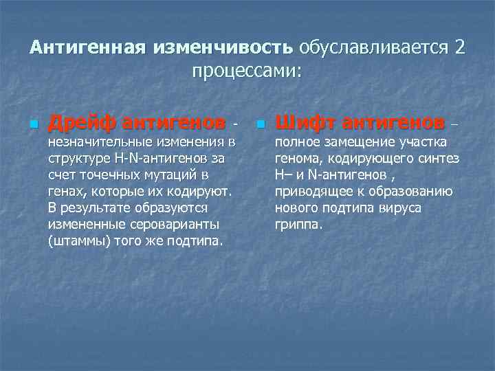 Антигенная изменчивость обуславливается 2 процессами: n Дрейф антигенов - незначительные изменения в структуре H-N-антигенов