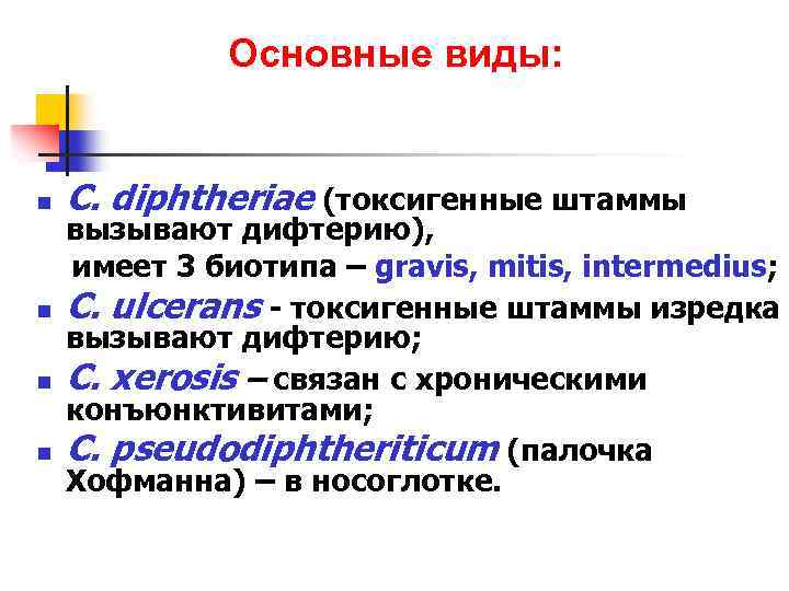Основные виды: n n C. diphtheriae (токсигенные штаммы вызывают дифтерию), имеет 3 биотипа –