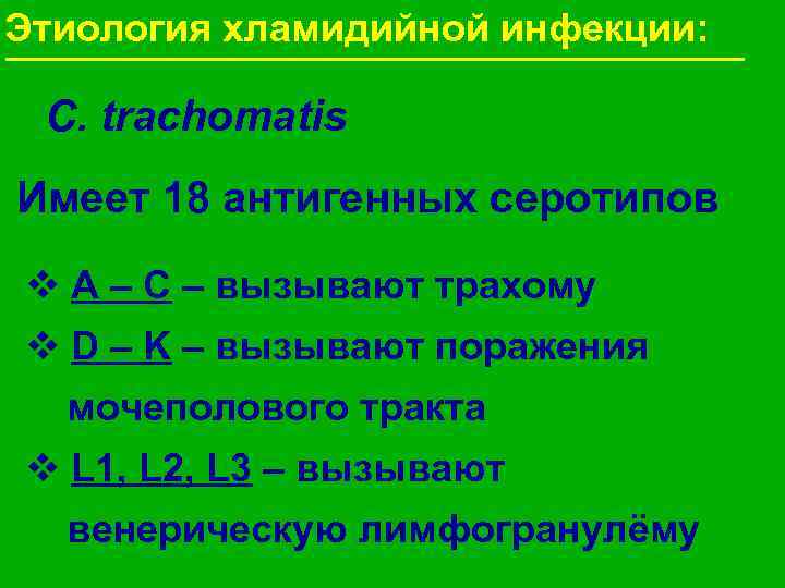 Этиология хламидийной инфекции: C. trachomatis Имеет 18 антигенных серотипов v A – C –