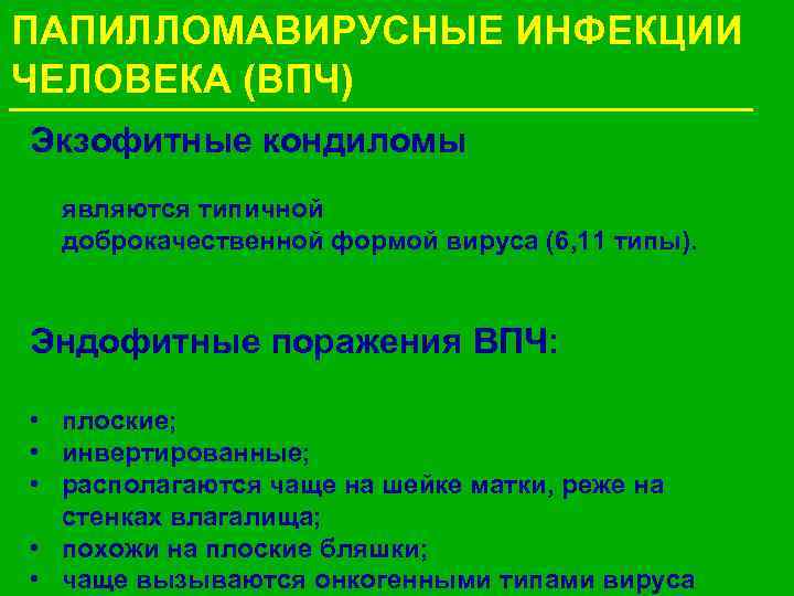 ПАПИЛЛОМАВИРУСНЫЕ ИНФЕКЦИИ ЧЕЛОВЕКА (ВПЧ) Экзофитные кондиломы являются типичной доброкачественной формой вируса (6, 11 типы).