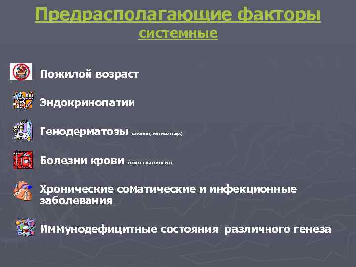 Предрасполагающие факторы системные ► Пожилой возраст ► Эндокринопатии ► Генодерматозы ► Болезни крови (атопии,