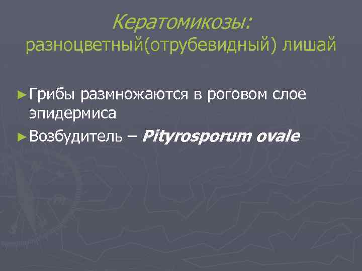 Кератомикозы: разноцветный(отрубевидный) лишай ► Грибы размножаются в роговом слое эпидермиса ► Возбудитель – Pityrosporum