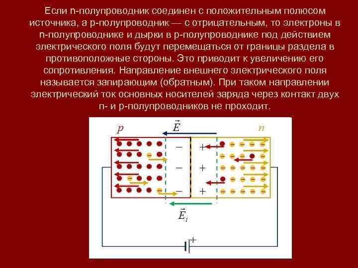 Если n-полупроводник соединен с положительным полюсом источника, а p-полупроводник — с отрицательным, то электроны