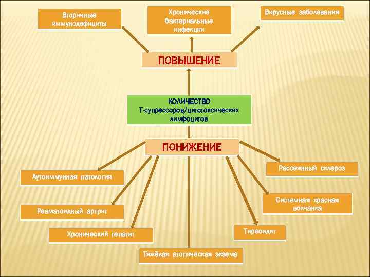 Вторичные иммунодефициты Хронические бактериальные инфекции Вирусные заболевания ПОВЫШЕНИЕ КОЛИЧЕСТВО Т-супрессоров/цитотоксических лимфоцитов ПОНИЖЕНИЕ Рассеянный склероз