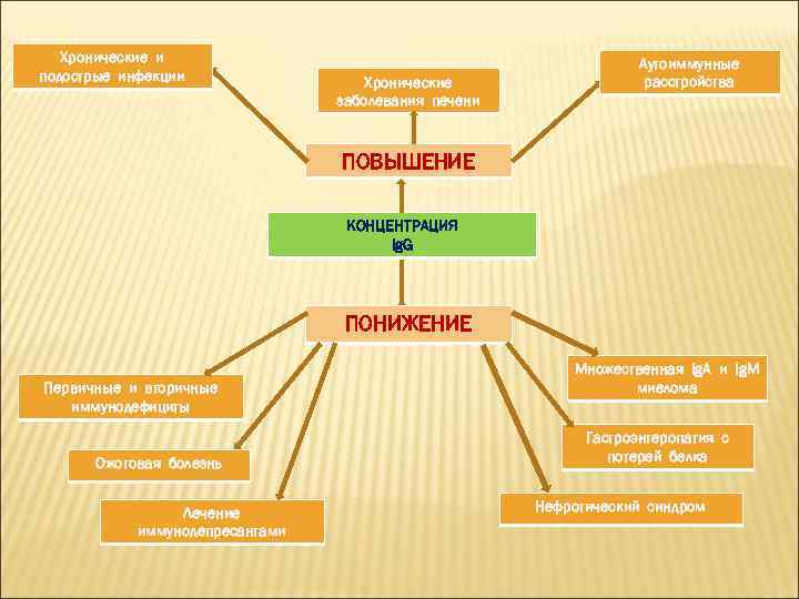 Хронические и подострые инфекции Хронические заболевания печени Аутоиммунные расстройства ПОВЫШЕНИЕ КОНЦЕНТРАЦИЯ Ig. G ПОНИЖЕНИЕ