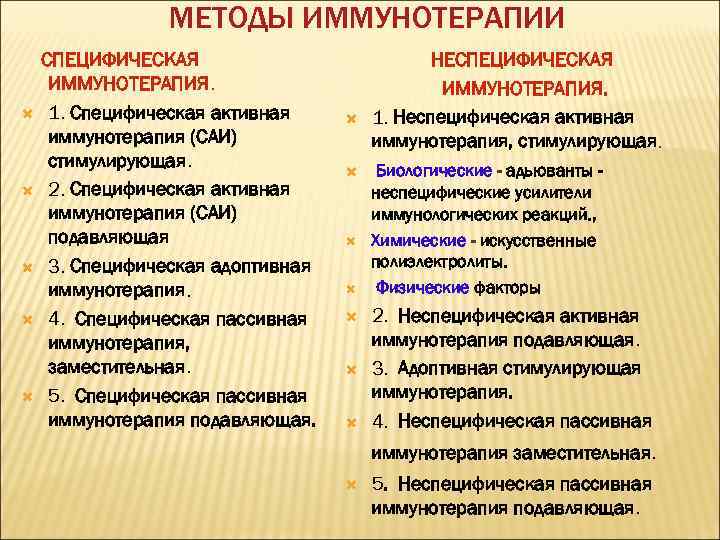 МЕТОДЫ ИММУНОТЕРАПИИ СПЕЦИФИЧЕСКАЯ ИММУНОТЕРАПИЯ. 1. Специфическая активная иммунотерапия (САИ) стимулирующая. 2. Специфическая активная иммунотерапия