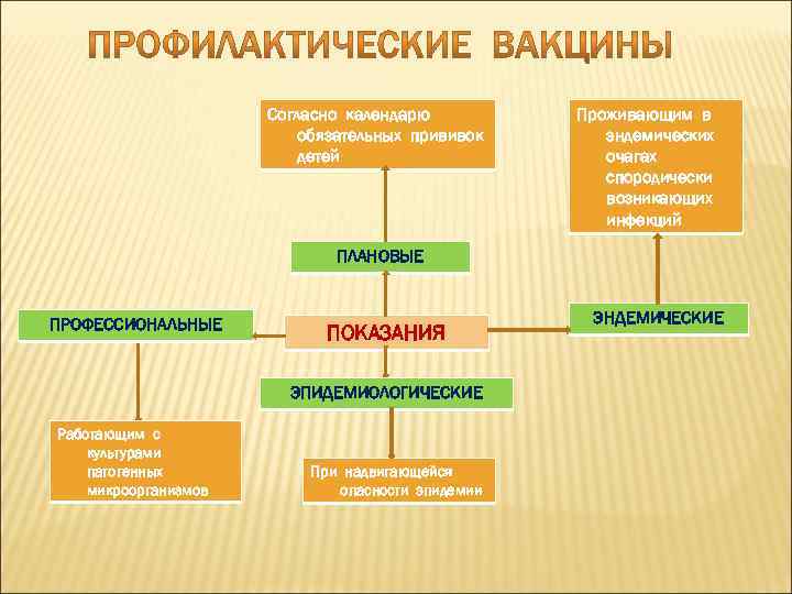 Согласно календарю обязательных прививок детей Проживающим в эндемических очагах спородически возникающих инфекций ПЛАНОВЫЕ ПРОФЕССИОНАЛЬНЫЕ