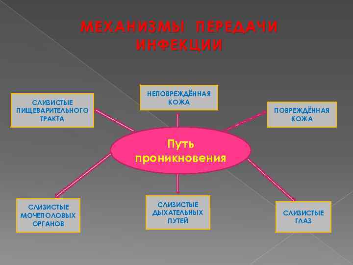 МЕХАНИЗМЫ ПЕРЕДАЧИ ИНФЕКЦИИ СЛИЗИСТЫЕ ПИЩЕВАРИТЕЛЬНОГО ТРАКТА НЕПОВРЕЖДЁННАЯ КОЖА Путь проникновения СЛИЗИСТЫЕ МОЧЕПОЛОВЫХ ОРГАНОВ СЛИЗИСТЫЕ