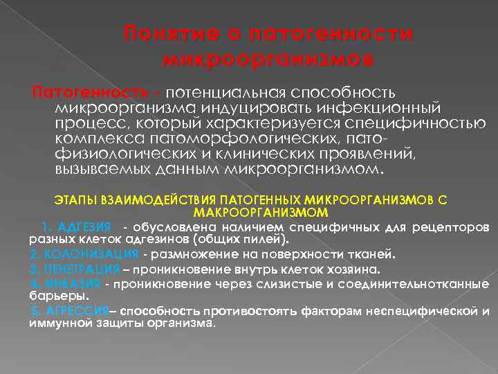 Понятие о патогенности микроорганизмов Патогенность - потенциальная способность микроорганизма индуцировать инфекционный процесс, который характеризуется