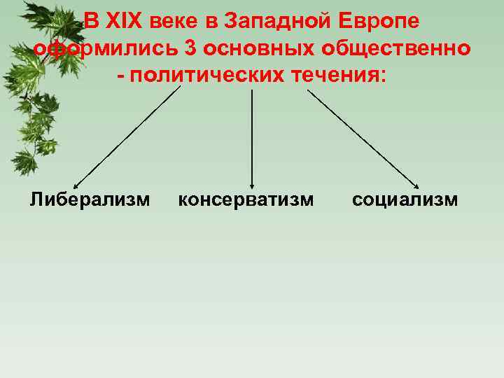 В XIX веке в Западной Европе оформились 3 основных общественно - политических течения: Либерализм