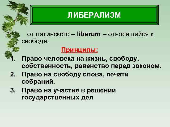 ЛИБЕРАЛИЗМ от латинского – liberum – относящийся к свободе. Принципы: 1. Право человека на